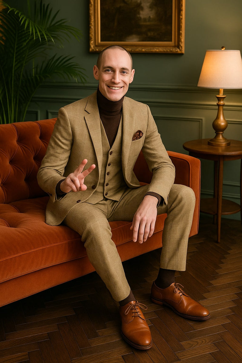 Mens Beige Plaid 3-Piece Suit – Modern Slim Fit Check Suit