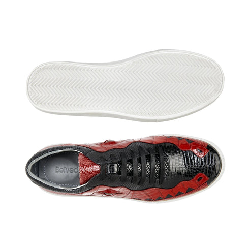 Mens Belvedere Corona Caiman & Lizard Sneaker in Black & Red