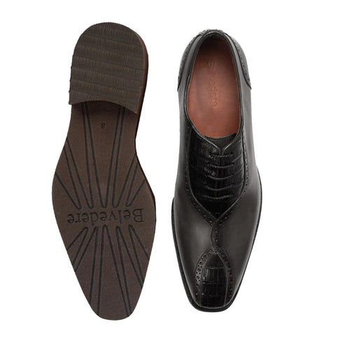 Mens Belvedere Grant Calf Skin & Crocodile Split Toe Dress Shoe in Charcoal & Black