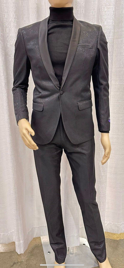 Mens Black Glitter Stripe Tuxedo with Satin Shawl Lapel – Slim Fit Formal Party Suit