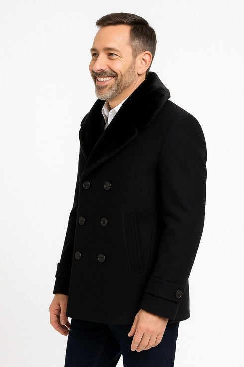 Mens Black Peacoat Wool Overcoat with Faux Fur Shawl Collar – Double-Breasted Winter Peacoat