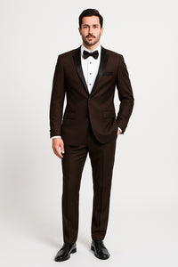 Mens Chocolate Brown Tuxedo with Black Satin Peak Lapel – Formal Wedding and Prom Suit
