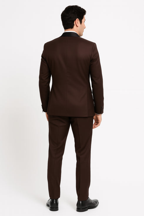 Mens Chocolate Brown Tuxedo with Black Satin Peak Lapel – Formal Wedding and Prom Suit