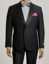 Mens Black Suit - Designer Brand Shawl Lapel Suit No Pleated Pants Modern Fit