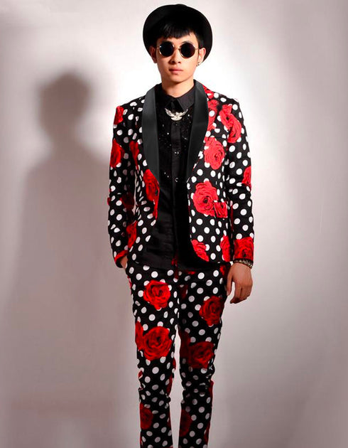 Mens Slim Fit Black & White Polka Dot Prom Tuxedo with Roses