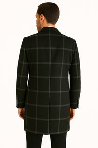 Mens Black Windowpane Wool Overcoat – Classic Long Checkered Coat Checkered Plaid Pattern