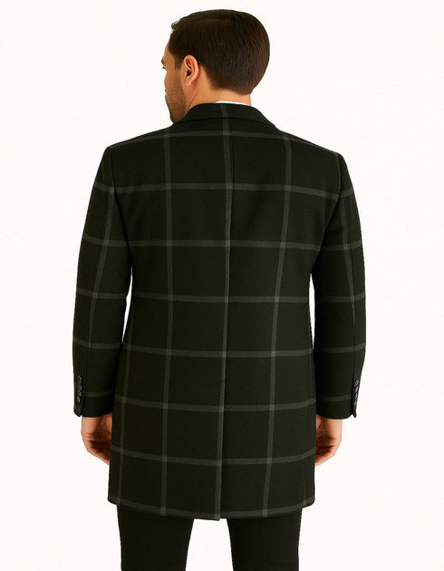 Mens Black Windowpane Wool Overcoat – Big Plaid Pattern Classic Checkered CarCoat