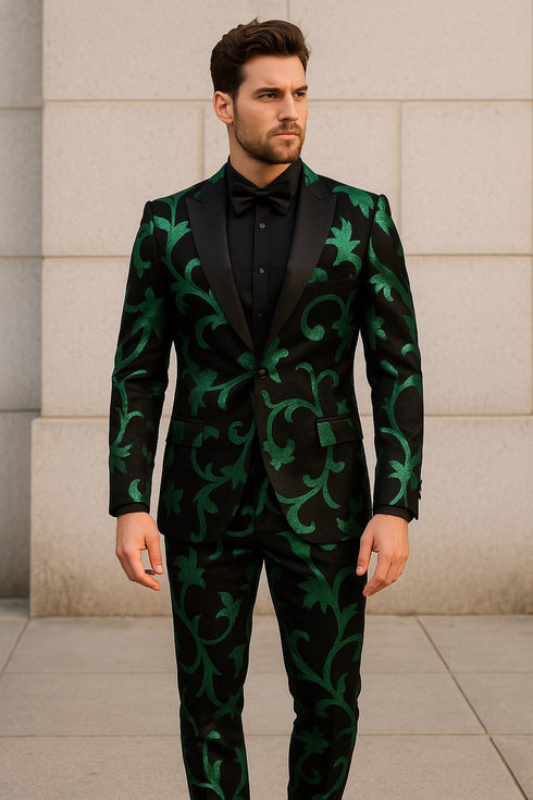 Mens Black and Emerald Green Velvet Floral Tuxedo Suit – Slim Fit 2 Piece Formalwear for Weddings and Events Slim Fitted