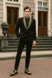 Mens Black and Gold Jacquard Tuxedo Blazer – Luxury Shawl Collar Wedding and Party Smoking Jacket