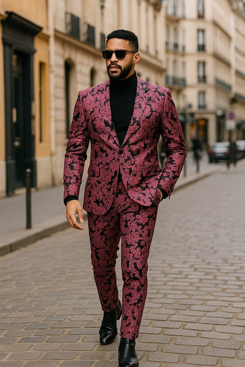 Mens Black and Pink Floral Tuxedo Suit Magento Fucia Plumish Color Slim Fit 2 Piece Embroidered Outfit for Weddings, Prom and Formal Events Mens Black and Pink Floral Tuxedo Suit Magento Fucia Plumish Color Slim Fit 2 Piece Embroidered Outfit for Weddings, Prom and Formal Events