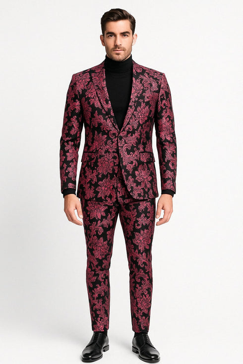 Mens Black and Pink Floral Tuxedo Suit – Magento Fucia Plumish Color Slim Fit 2 Piece Embroidered Outfit for Weddings, Prom and Formal Events