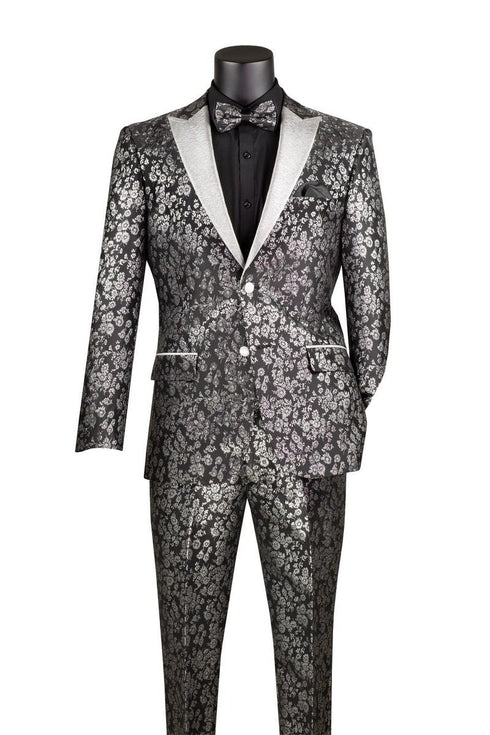 Black and Silver Floral Tuxedo Suit for Men – Luxury Two-Piece Formal Suit with Satin Lapel and Bow Tie