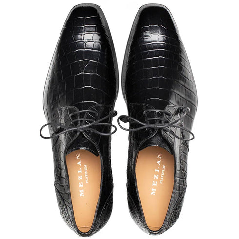 Men's Genuine Alligator Black Derby Lace-Up Shoes By Mezlan Made In Spain Brand