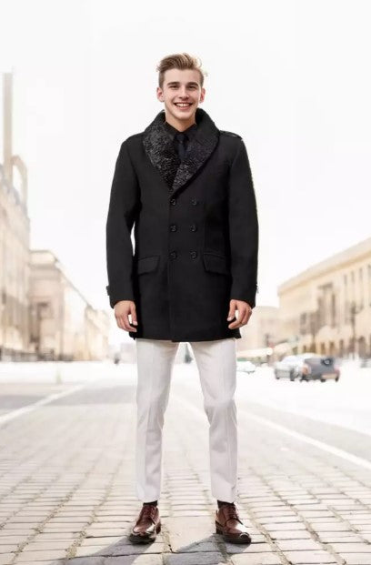 Mens Peacoat With Fur Collar - Black Wool Button Coat