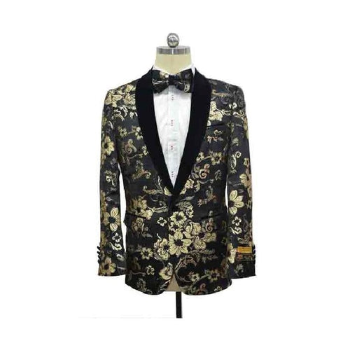 Black Gold Shawl Lapel Paisley Floral Tuxedo Sport Coat