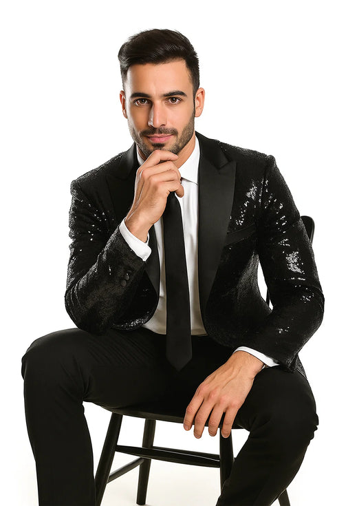 Black Sequin Tuxedo Blazer