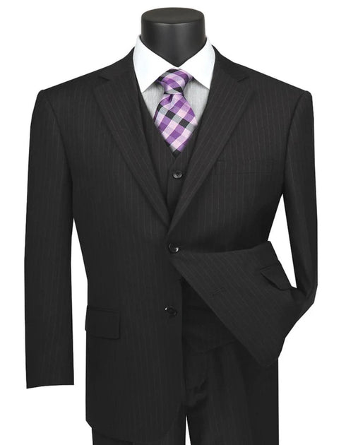 Pleated Dress Men Suits - Mens Classic Fit Vested Banker Black Pinstripe Suit