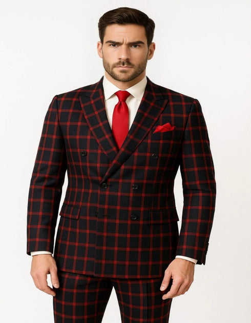 1920s Gangster Suit - Red Plaid Double Breasted Blazer With Matching Pants