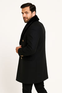 Men’s Black Double-Breasted Overcoat with Faux Fur Collar and Gold Buttons