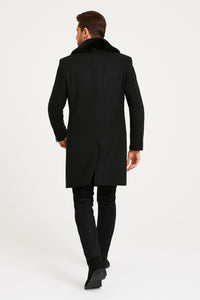 Mens Black Wool Overcoat with Black Faux Fur Collar – Luxury Winter Dress Coat