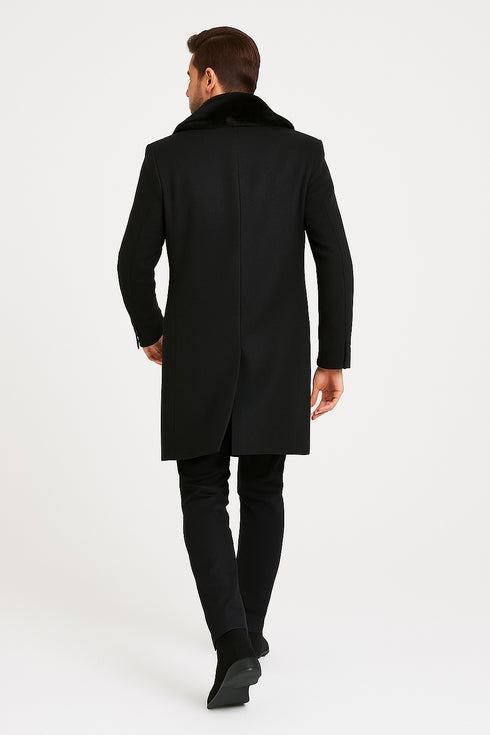 Mens Black Wool Overcoat with Black Faux Fur Collar – Luxury Winter Dress Coat