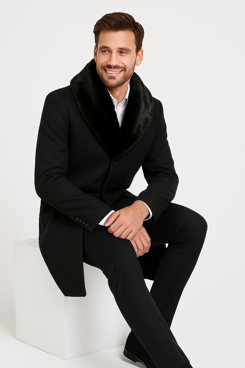 Mens Black Wool Overcoat with Black Faux Fur Collar – Luxury Winter Dress Coat