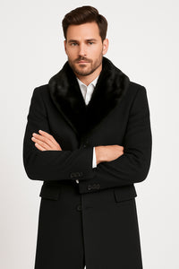 Mens Black Wool Overcoat with Black Faux Fur Collar – Luxury Winter Dress Coat
