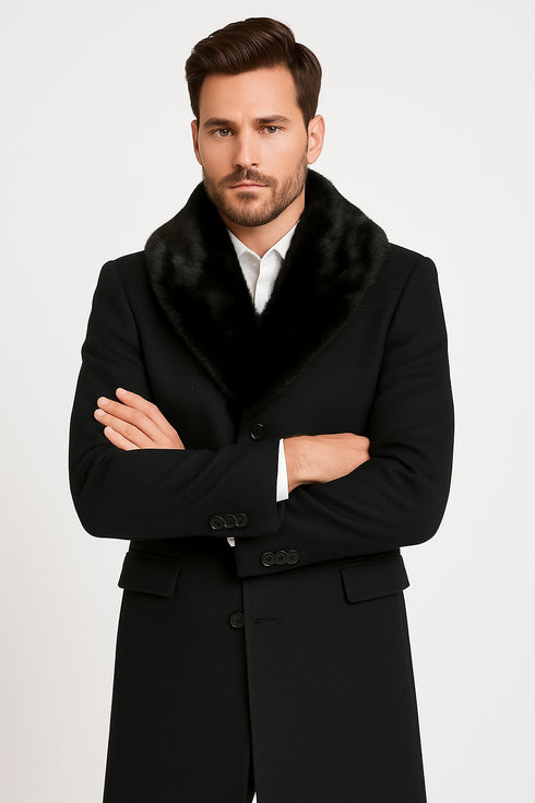Mens Black Wool Overcoat with Black Faux Fur Collar – Luxury Winter Dress Coat