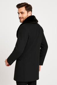 Mens Black Wool Overcoat with Black Faux Fur Collar – Luxury Winter Dress Coat