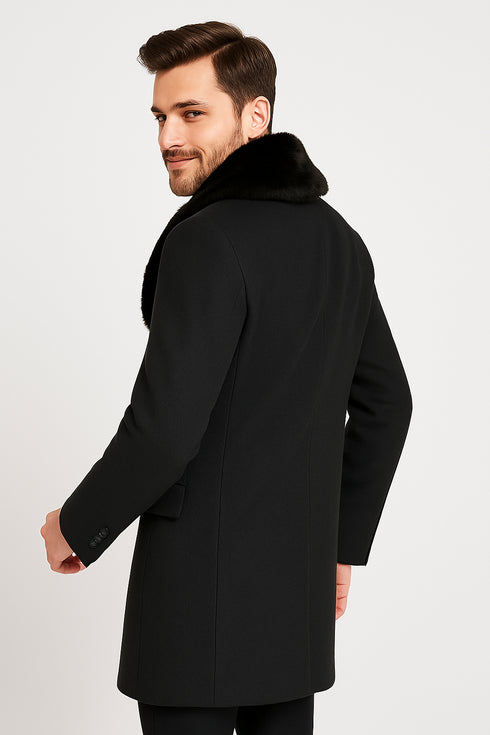 Mens Black Wool Overcoat with Black Faux Fur Collar – Luxury Winter Dress Coat