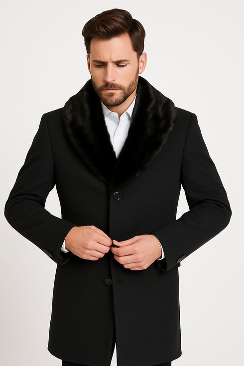 Mens Black Wool Overcoat with Black Faux Fur Collar – Luxury Winter Dress Coat