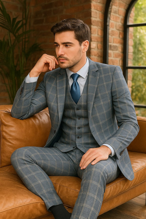 Mens Blue Windowpane Checkered Slim Fit Suit – 3 Piece Stretch Business Suit