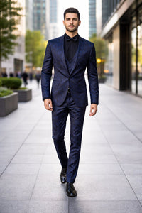 Mens Prom Tuxedo Paisley Suit - Wedding Floral Suit- Midnight - Royal - Navy Blue Wedding Jacket + Vest + Pants