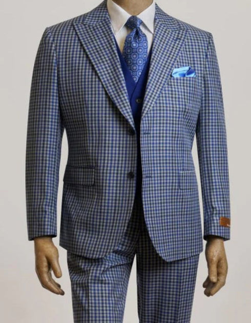 Mens Blue Suit - Designer Brand Suit No Peak Lapel Pleated Pants Modern Fit