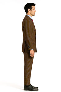 Mens Brown Pinstripe Double-Breasted Suit – Classic 6-Button Business and Vintage Style
