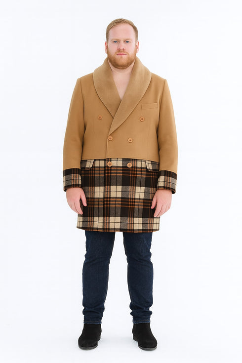 Mens Camel Brown Shawl Collar Overcoat with Plaid Wool Bottom – Double-Breasted Winter Topcoat With Fur Collar