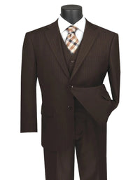 Pleated Dress Men Suits - Mens Classic Fit Vested Banker Brown Pinstripe Suit