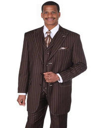 Pleated Dress Men Suits - Mens Vintage Vested Gangster Bold Pinstripe Brown Fashion Suit