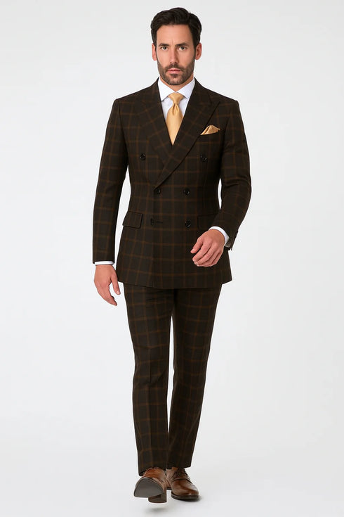 Men's Brown Plaid Double-Breasted Wool Suits – Classic Windowpane Two-Piece Formal Suits By Rossiman