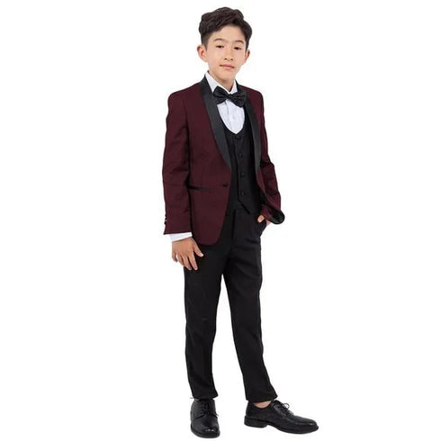 New Perry Ellis Boys Burgundy Tuxedo Set, Solid 5-Piece Black Shawl Collar