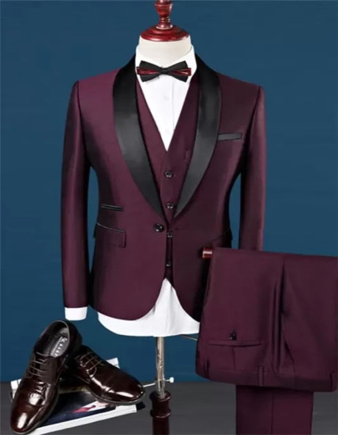 Burgundy Slim Fit Shawl Lapel Groomsmen Suit Fashion Black Trim Tuxedo Mens's 3 Pieces
