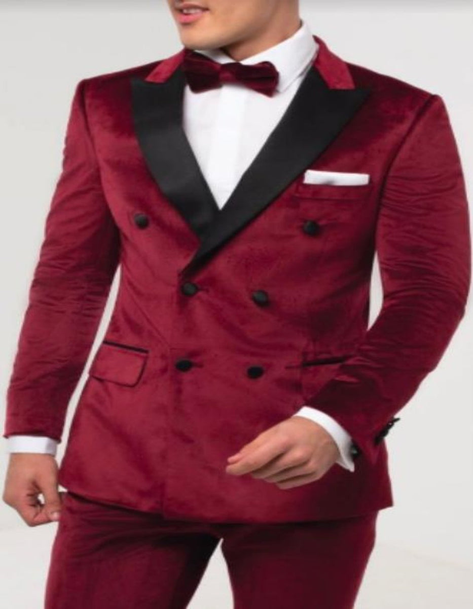 SKU#JA58269 Mens Burgundy Velvet Tuxedo - Velvet Suits Double Breasted Tuxedo Suits - Slim Fit main image 0