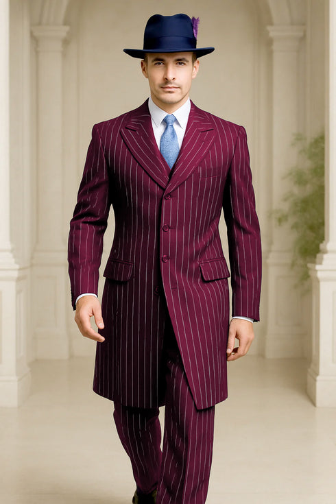 Mens Burgundy Pinstripe Suit – Classic Long Coat Style with White Stripes