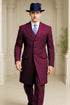 Mens Burgundy Pinstripe Suit – Classic Long Coat Style with White Stripes