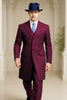 Mens Burgundy Pinstripe Suit – Classic Long Coat Style with White Stripes