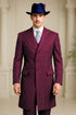 Mens Burgundy Pinstripe Suit – Classic Long Coat Style with White Stripes