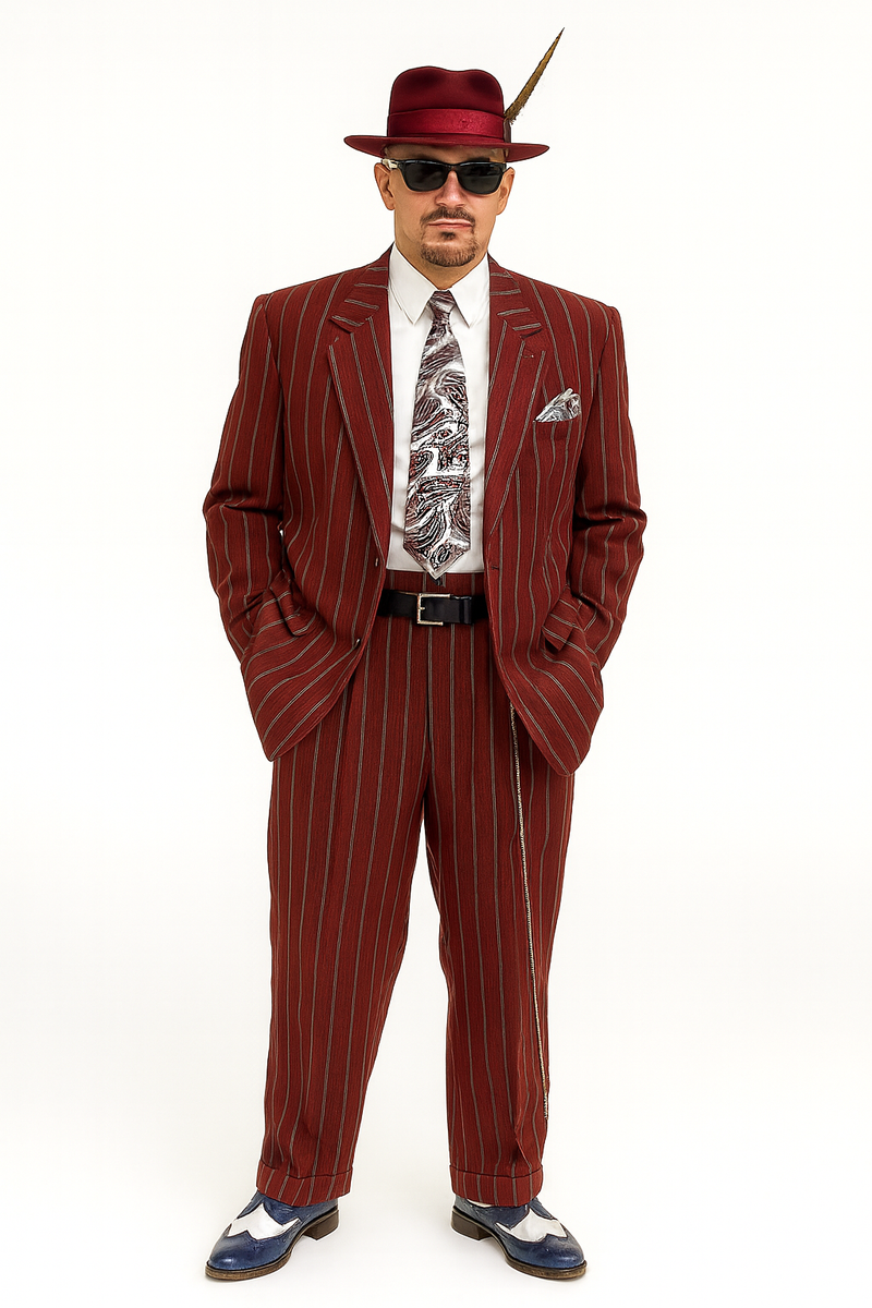 Mens Red Pinstripe Zoot Suit  1920s Gangster Pimp Style with Long Jacket & Matching Hat main image 0