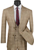 Mens 2 Button Vested Peak Lapel Plaid Windowpane Camel Suit