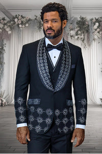 Mens Designer Floral Rhinestone Prom and Wedding Tuxedo in Black and White