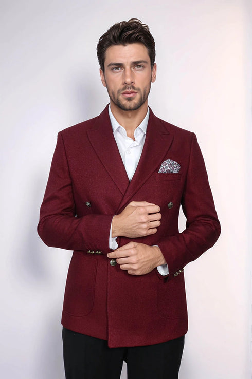 Mens Burgundy Slim Fit Blazer – Sharp Double Breasted Design